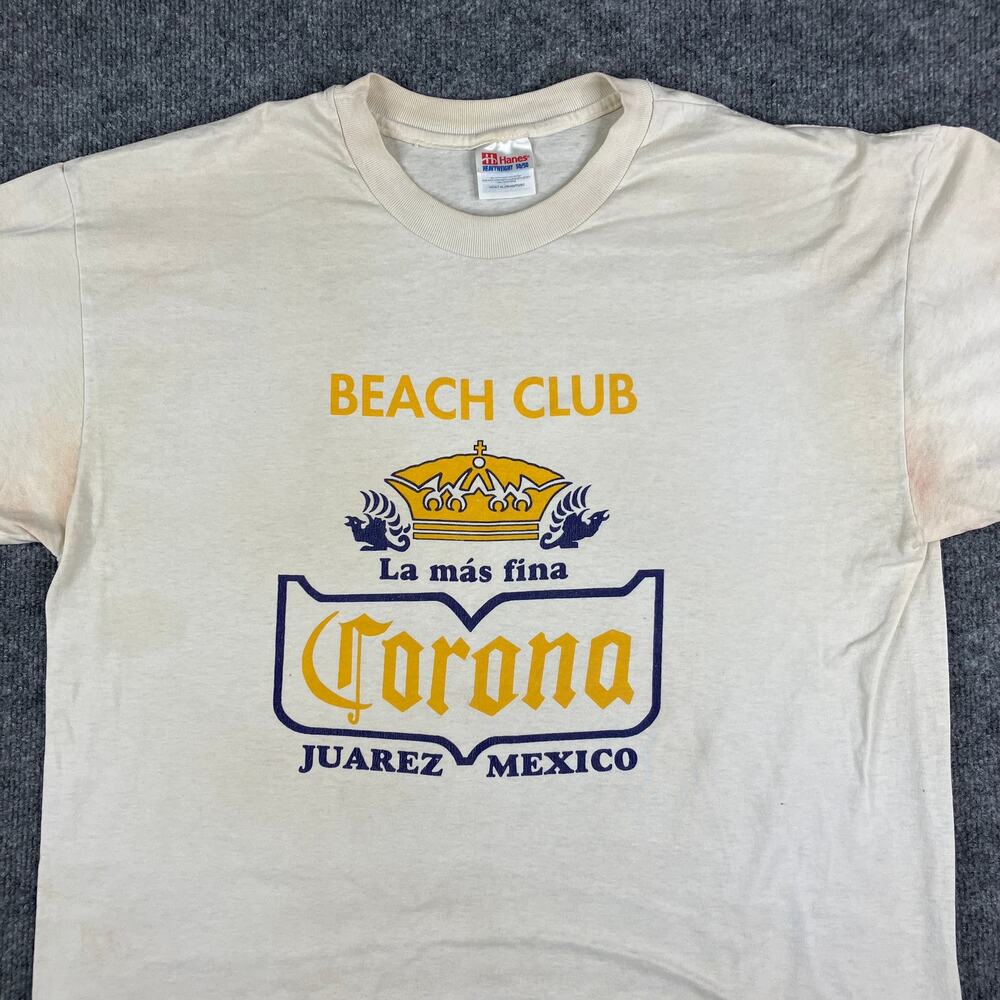 Hanes T-Shirt Mens Size XL Cream Corona Beach Club Juarez Mexico Graphic Vintage